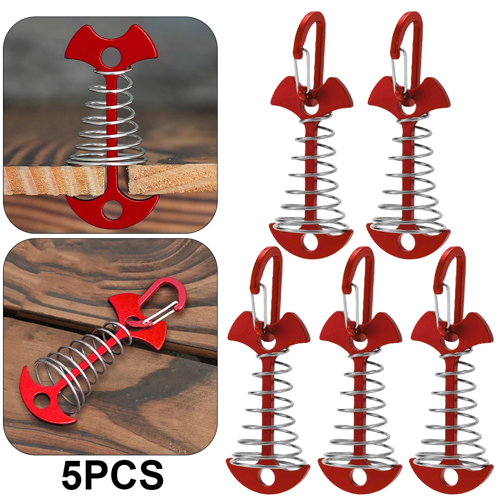 3/5/10PCS Spring Fishbone Deck Pegs Tent Stakes Awning Anchor Wind Rope Buckle with Carabiner Deck Fixed Nails Camping Tent Hook: black