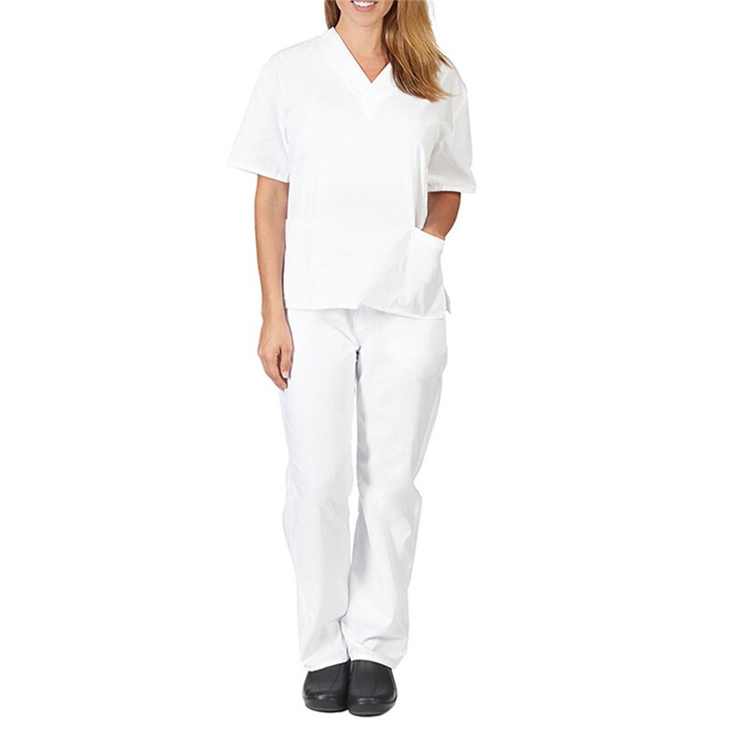 Vrouwen Mannen Werkkleding Korte Mouwen V-hals Tops + Broek Verpleging Werken Uniform Pak Scrub Uniform Overalls Kleding: white / XXL