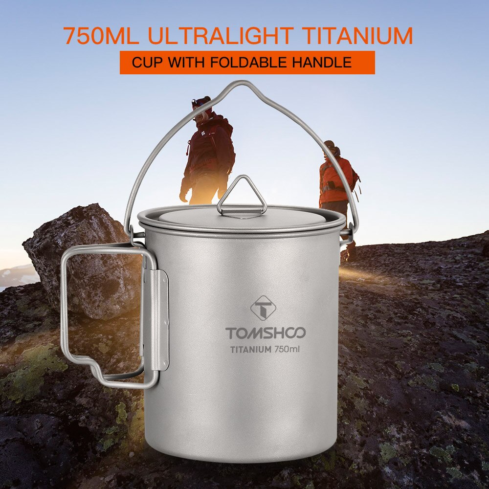 TOMSHOO Ultraleve 750 ml De Água De Titânio Titânio Pote Portátil Copo Caneca com Tampa e Alça Dobrável Ao Ar Livre de Acampamento Cozinhar