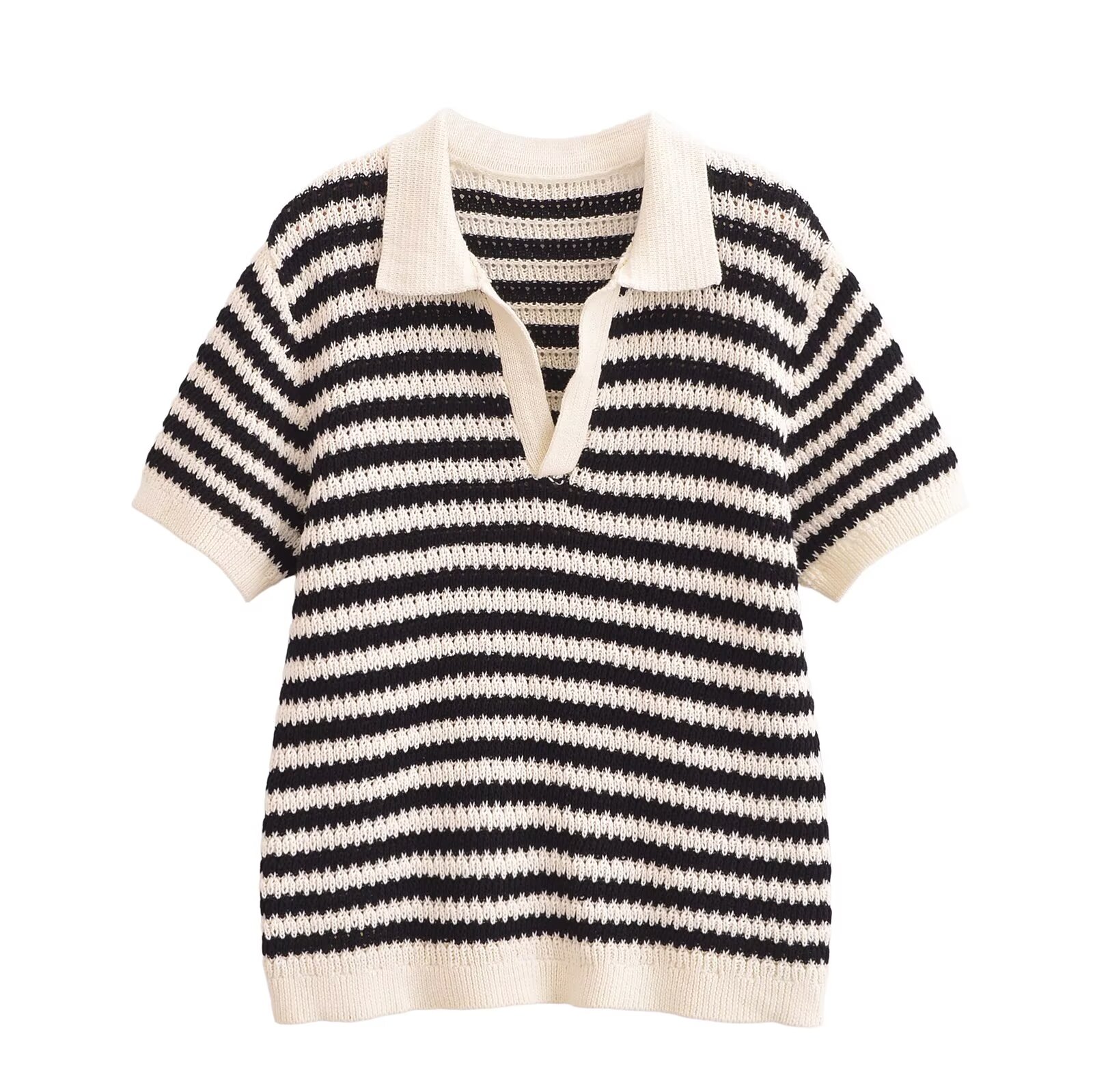 TRAFZR 2025, gestreiftes Strick-Baumwoll-T-Shirt für Damen, Polo-Kragen, kurzärmelig, lässig, Frühling, Sommer, Alltag, Straße, Wochenendkleidung: S