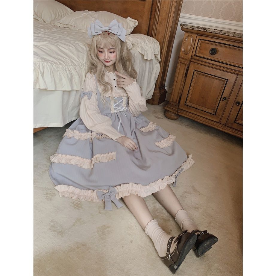 Vestido lolita para mujer, con encaje de muñeca ángel, manga larga, para uso diario, de algodón, estilo princesa, gótico, loli, disfraz de sirvienta.