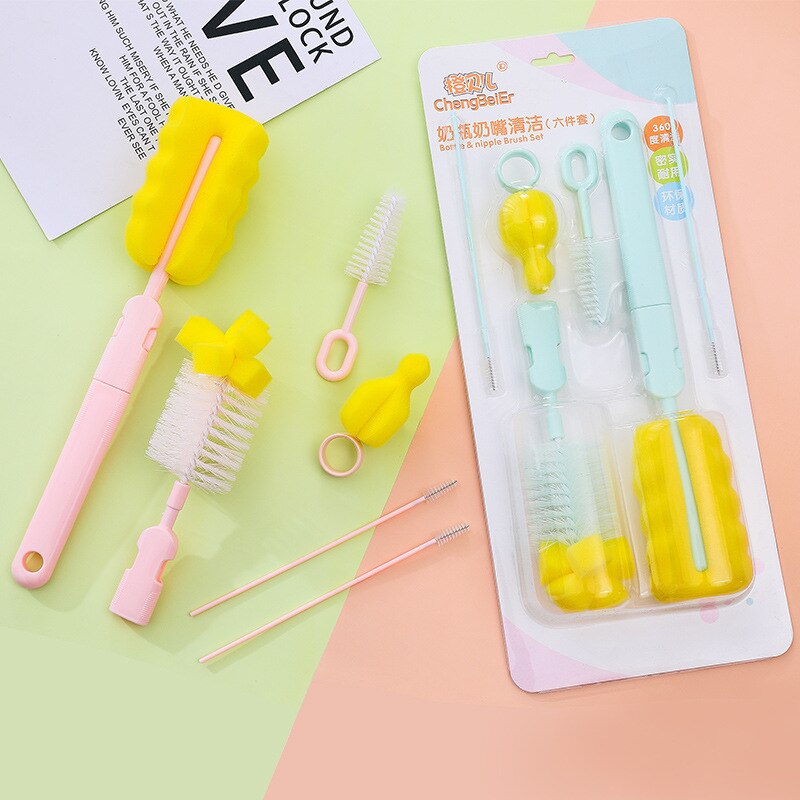 6pcs/set Baby Kitten Water Milk Bottle Brushes 360 Degree Spong Cleaner + Pacifier Brush + Straw Brush