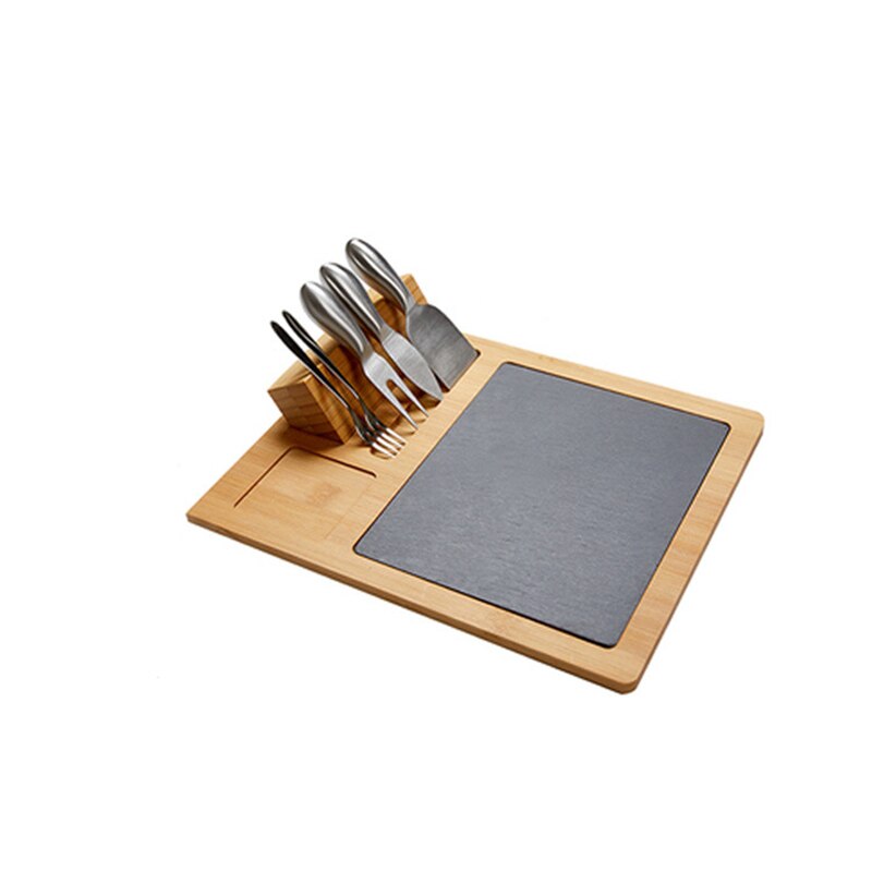 Slate Cheese Board Set with Silverware Forks Knives Premium Acacia Wood Serving Tray Cutting Tools Porcelain Ceramic Olive Dish