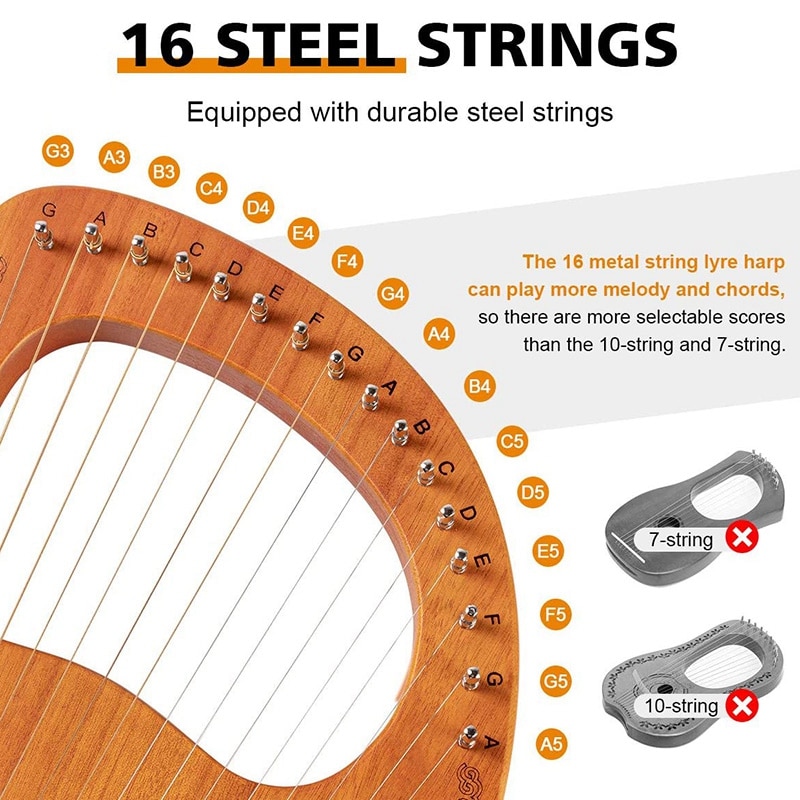 Lira harpa, 16 cordas de madeira compensada de mogno instrumento de corda do corpo com chave de ajuste e saco de armazenamento &amp; ferramenta de tuning