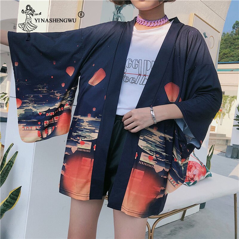 Asia Japan kimono Cosplay Costume Traditional Kimono Cardigan Casual Sleeve Loose Black Femme Japanese Kimono Women Outerwear: Default Title