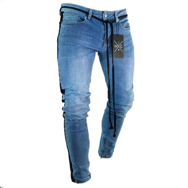 Jean homme avec bande latérale Patchwork déchiré jean en détresse coupe mince homme crayon pantalon pleine longueur Denim hommes vêtements pantalon: Bleu / M