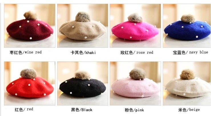 Børn perle kanin pels baret hat til baby piger hue hatte med pompon multicolor
