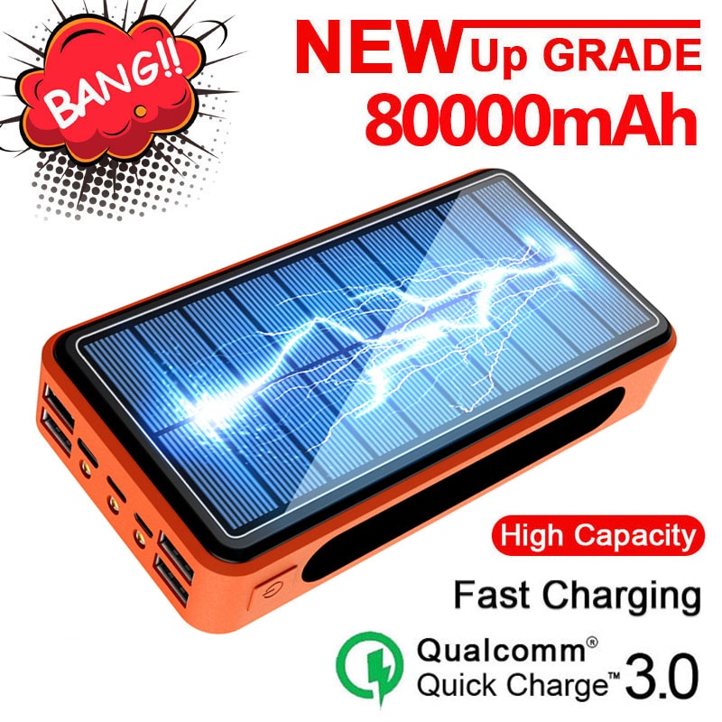 Solar Power Bank 80000mah Portable External Charger Fast Charging Four USB PoverBank LED External Battery for Iphone Xiaomi