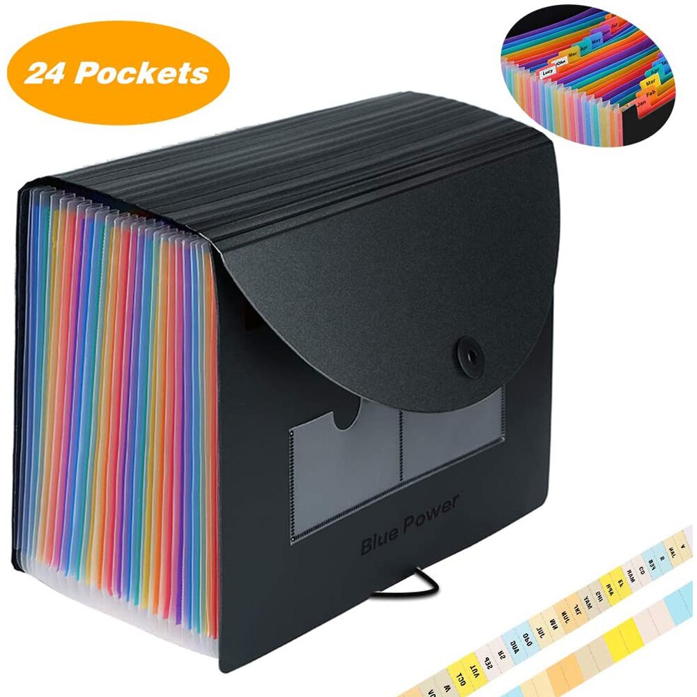 1Ps 24 Pockets Expanding File Folder Fireproof Waterproof Safe Document Bags Rainbow Coloured Cabinet With 2 Labels