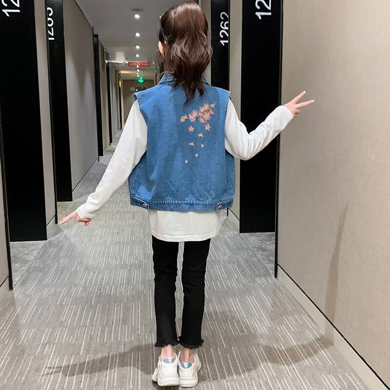 Children's Denim Vest For Girls Sleeveless Jacket Kids Spring Summer Embroidery Clothes Outfit For Teen Girls Clothing