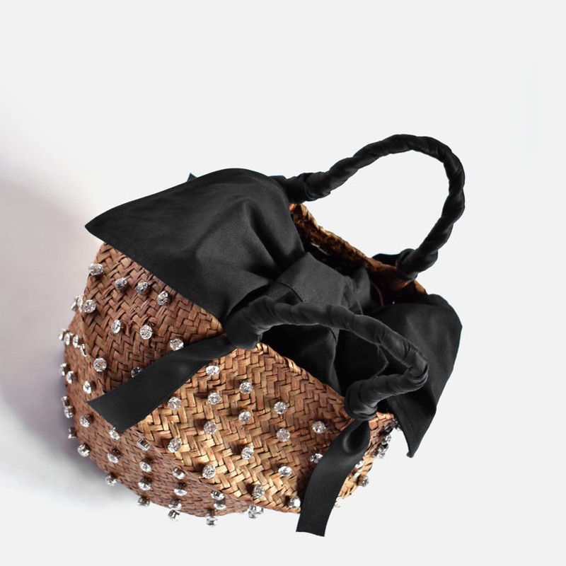 Bolso de paja adornado a mano, bolso playero para vacaciones de verano con perlas, bolso de punto para mujer, bolso de con diamantes, bolsos de mano populares