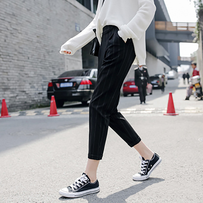 Calças femininas listrado bolsos solto fino verão coreano harem harajuku das mulheres cintura elástica casual novo estilo moda diário