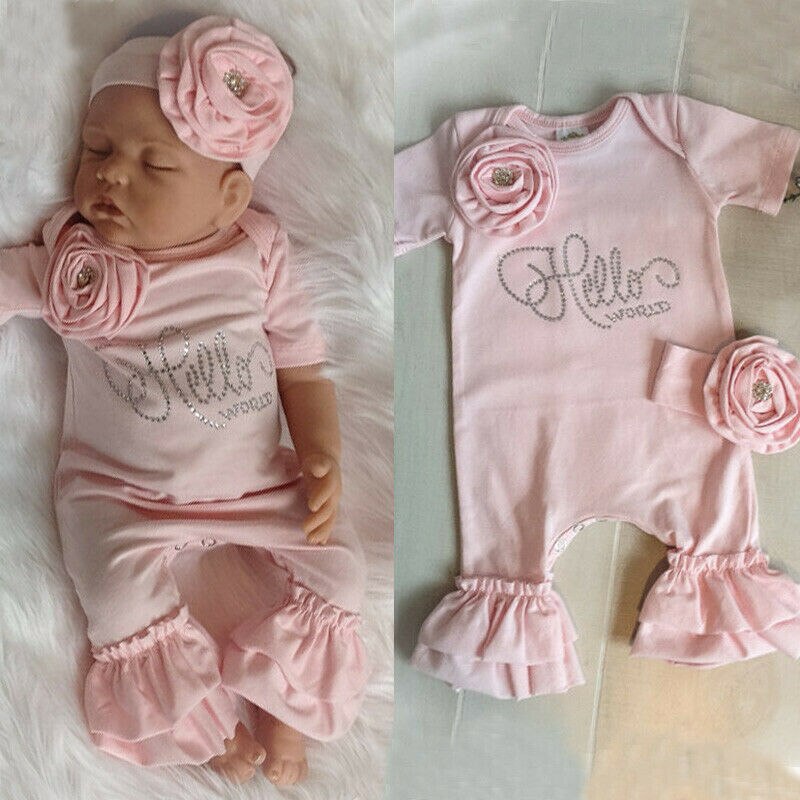 Newborn Baby Girls Flower Ruffle Jumpsuit Headband Outfits Clothes Set