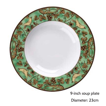 EECAMAIL British Style Bone China Model Room Club Western Tableware Steak Plate Home Salad Plate Golden Bird Series Set: 9-Inch Soup Plate
