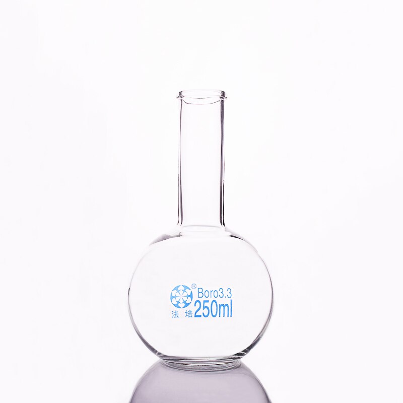 Boiling flask flat bottom long narrow neck,Capacity 250ml,The O.D. of the neck is about 30mm,Long neck flask with normal mouth