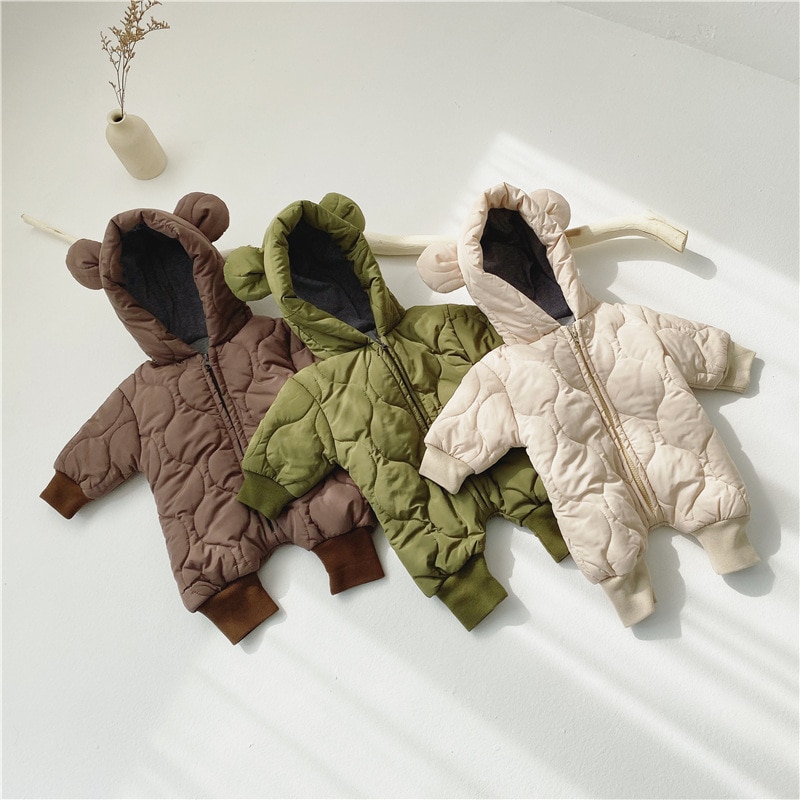 Vinter baby drenge og piger varme quiltede søde bjørne lange ærmer bukser 0-2 år spædbørn børn tyk lynlås hætte jumpsuits