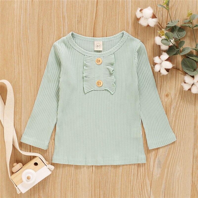 Meisjes t-shirt herfst winter kinderen meisjes baby basic tee tops lange mouw ruches knoop ronde hals t-shirts kleding 2-6 jaar