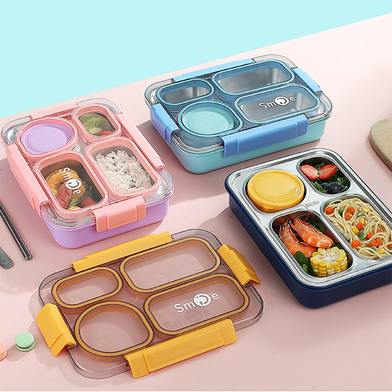Stainless Steel 4 Divided Compartments Bento Lunch Box Kids Insulated Lunch Box for School Office Kitchen Food Storage Container