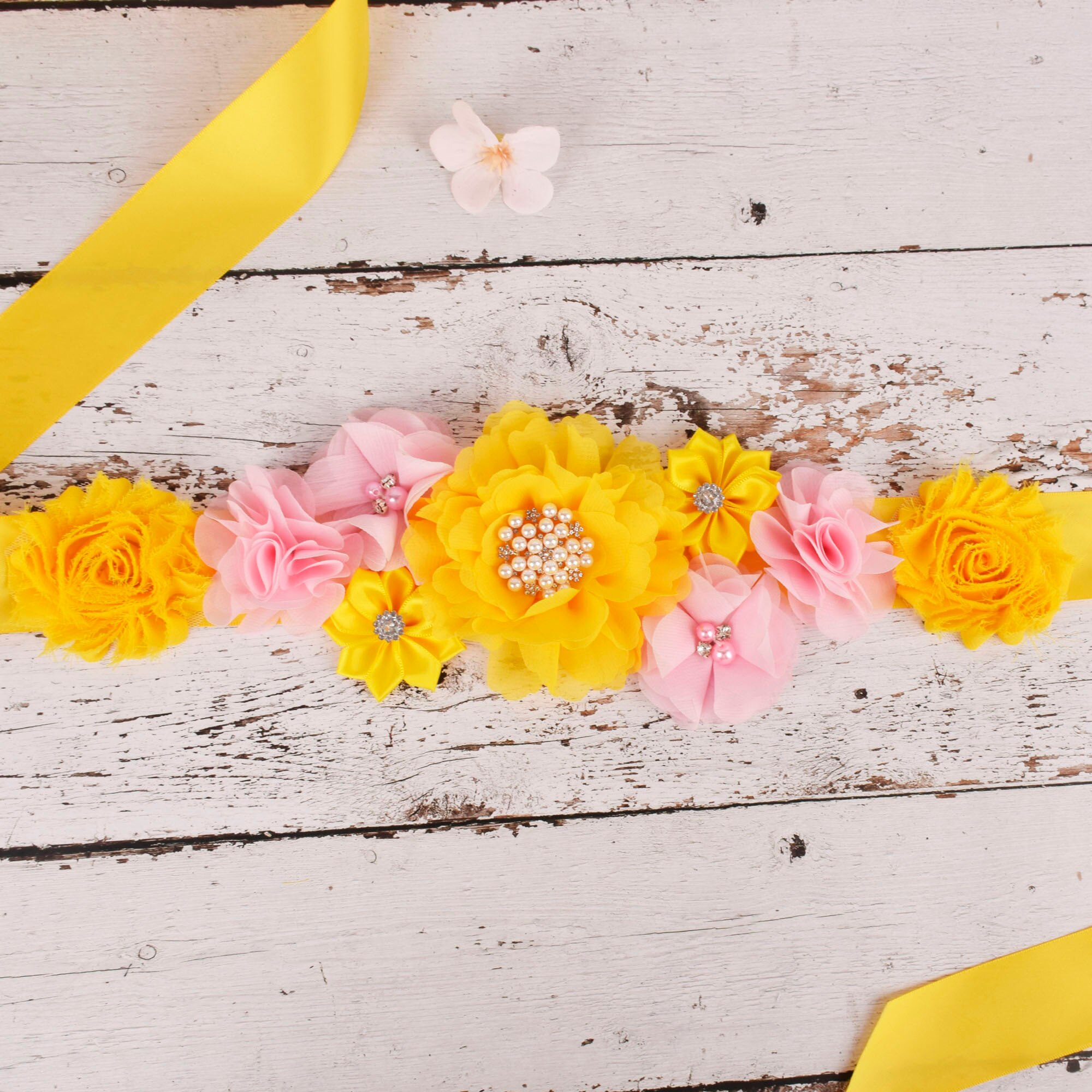 Fajín de flores para maternidad, Amarillo/rosa, cinturón para el vientre para embarazo, accesorios de para fotos, banda para de Baby Shower, cinturón de flores para niña de 3 yardas