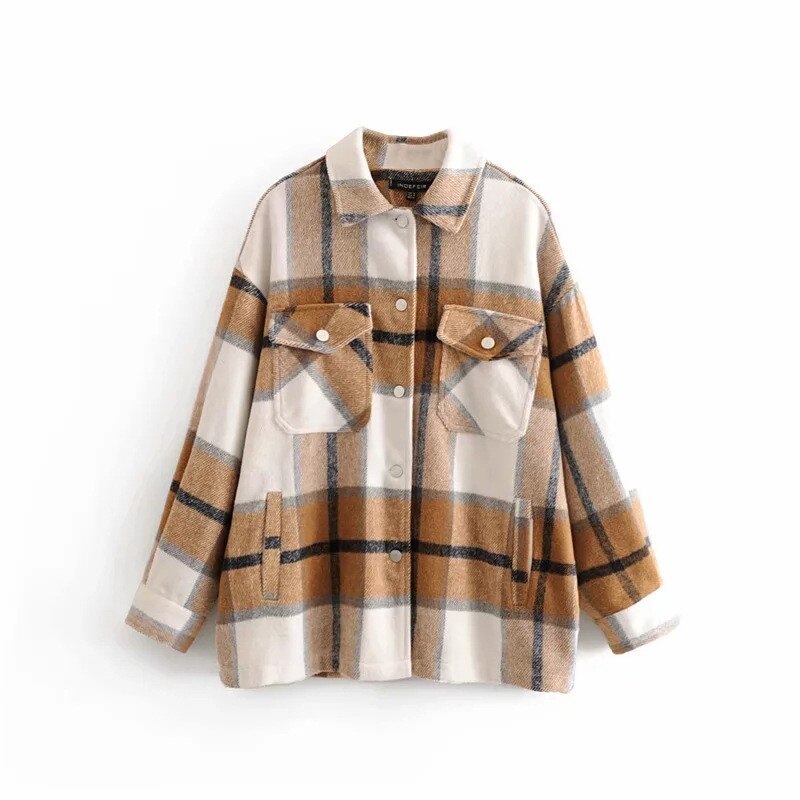 Vintergrön rutig jacka kappa dam streetwear långärmad tjock ullrockficka överdimensionerad lapel höstskjortor kappor: Kaki / L