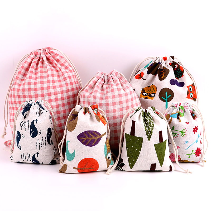 Bolsa de tela de lino y algodón con cordón para niños, bolsa de almacenamiento de zapatos de tela de viaje con estampado de plantas y animales, estuche de maquillaje, de Navidad