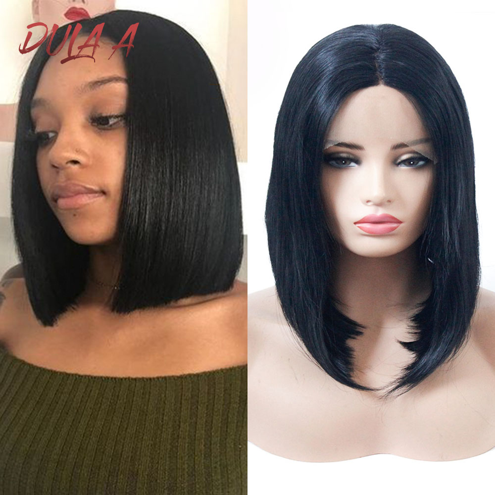 Dula  a 14 tommer ægte hår sort kort bob straight syntetisk limfri front blonde paryk midterste del til sorte kvinder øre til øre blonder