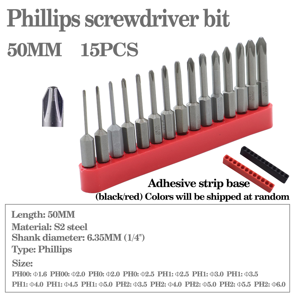 12pcs/15pcs 50mm 75mm 100mm 150mm Phillips screwdriver bit S2 alloy steel with magnetic screwdriver bit PH0 PH1 PH2: Yellow