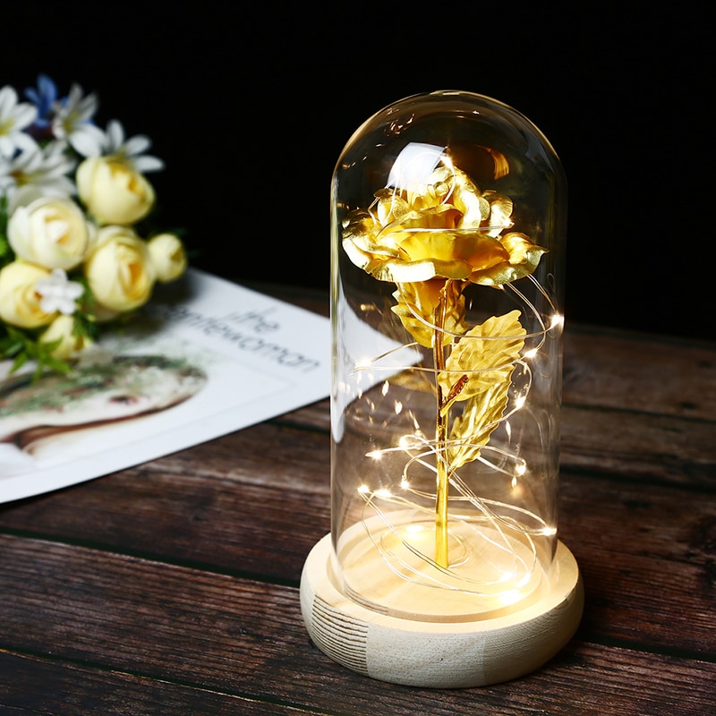 Skønhed og udyr rose i kolbe led rose blomst lys sort base glas kuppel bedst til mors dag fødselsdag valentinsdag