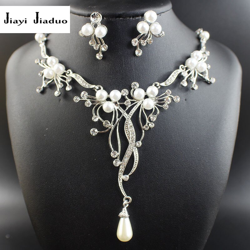 Jiayijiaduo Imitation Pearls Bridal Jewelry Sets for Women Silver Color Rhinestone Necklace Earring Wedding: 1