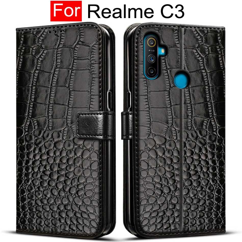 Case Voor Realme C3 Case Soft Silicon Tpu &amp; Leather Flip Back Cover Voor Oppo Realme C3 RMX2020 C 3 coque Capa Funda 6.5Inch Huid: Black