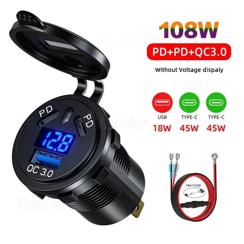 12V/24V USB-Steckdose 108W 3 Häfen Autoladegerät Dual 45W PD Typ C & 18W QC 3.0 USB-Ladegerät für Motorrad-Steckdose Ladeadapter: verrotten