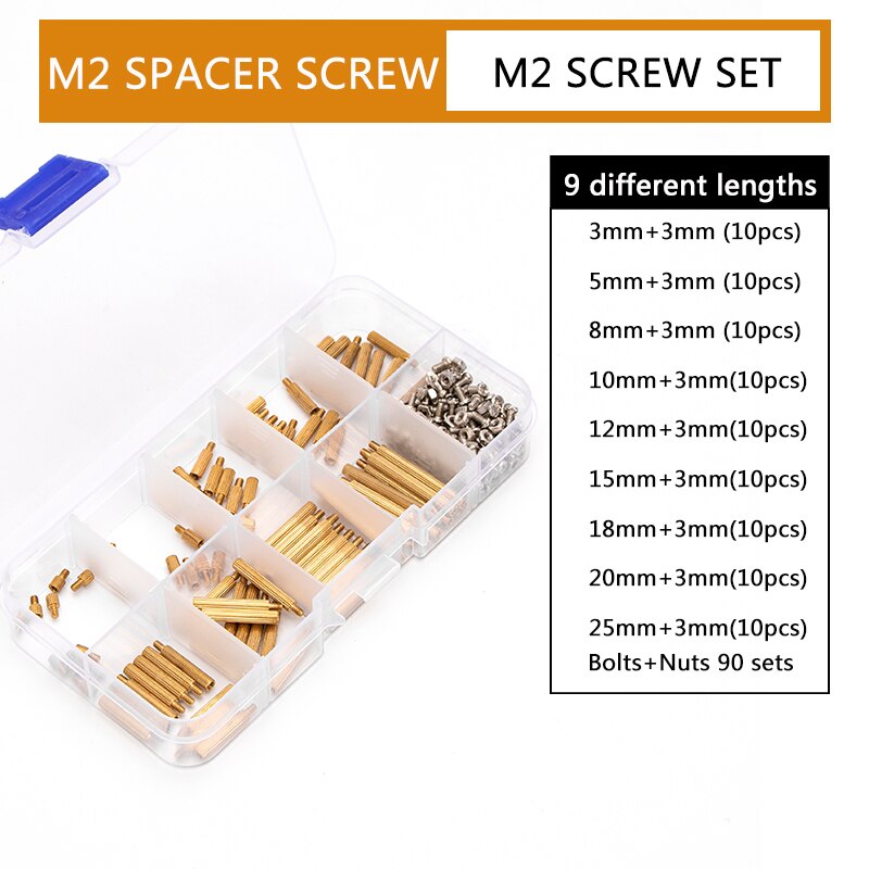 M2 Mannelijke Vrouwelijke Messing Spacer Standoff Schroef Diy Accessoires Kits Afstand Pijler Gekartelde Moer Assortiment Kit 270 Pcs: Default Title