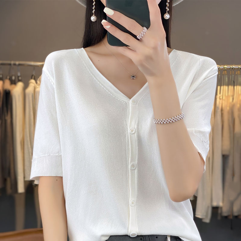 Lente En Zomer Nieuw Ijs Zijde Vest Korte Mouw V-Hals Joker Losse Dunne T-Shirt Trui Bottom Shirt Top: XXL / WHITE