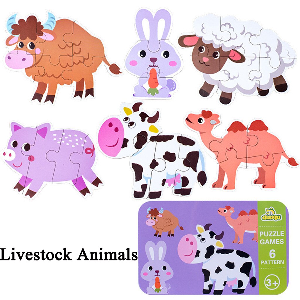 Baby Kids Cognition Puzzles Toys Cartoon Traffic Animal Cognition Puzzles Toys Baby Iron Box Cards Matching Education Game ZXH: metal Livestock