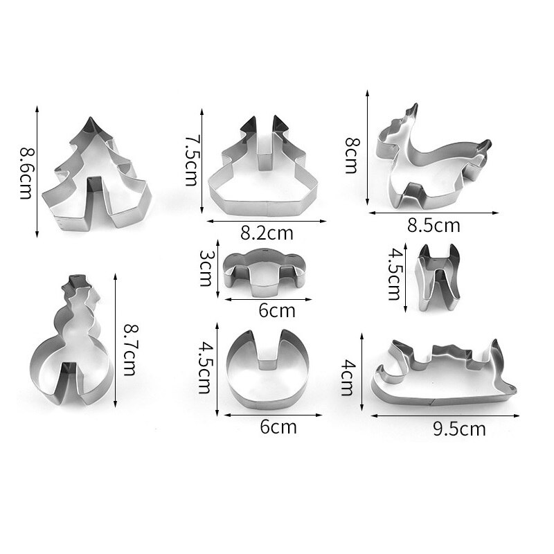 Rvs Cookie Cutter Mold 3D Kerst Scenario Cookie Biscuit Cutter Set Kerstboom Elanden Slee Sneeuwpop Model 8 Stuks