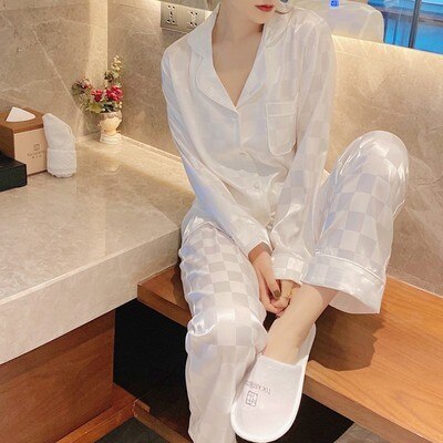 Pajamas women summer spring autumn plus size ice silk thin silk ladies suit pajamas women WOMEN: white / M