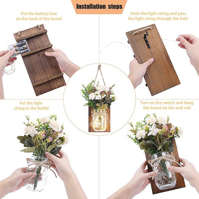 Rustic Mason Jar Sconces for Home Decor, Mason Jar Sconces Set of 2 Hanging Mason Jar Sconces with LED Fairy Lights