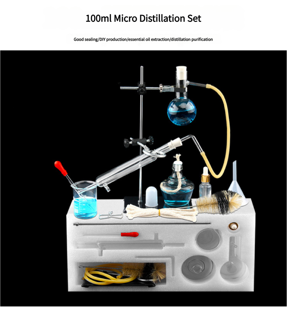 100ml Lab Essential Oil Distillation Apparatus Water Purifier Glassware Home Distiller 13pcs Kits
