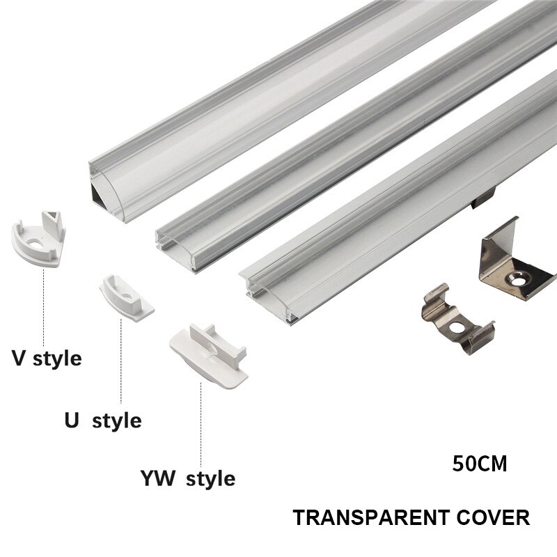 1set 50cm LED Bar Lights Aluminium Profile Transparent/Milky Cover U/V/YW Style Shaped for LED Strip Light Parts: Transparent Cover / YW-style XH-023
