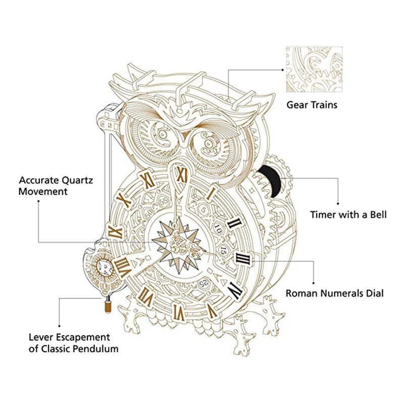 Nieuw 3D Houten Puzzel Klok Model Kits Cadeau Voor Volwassenen & Tieners Uil Klok