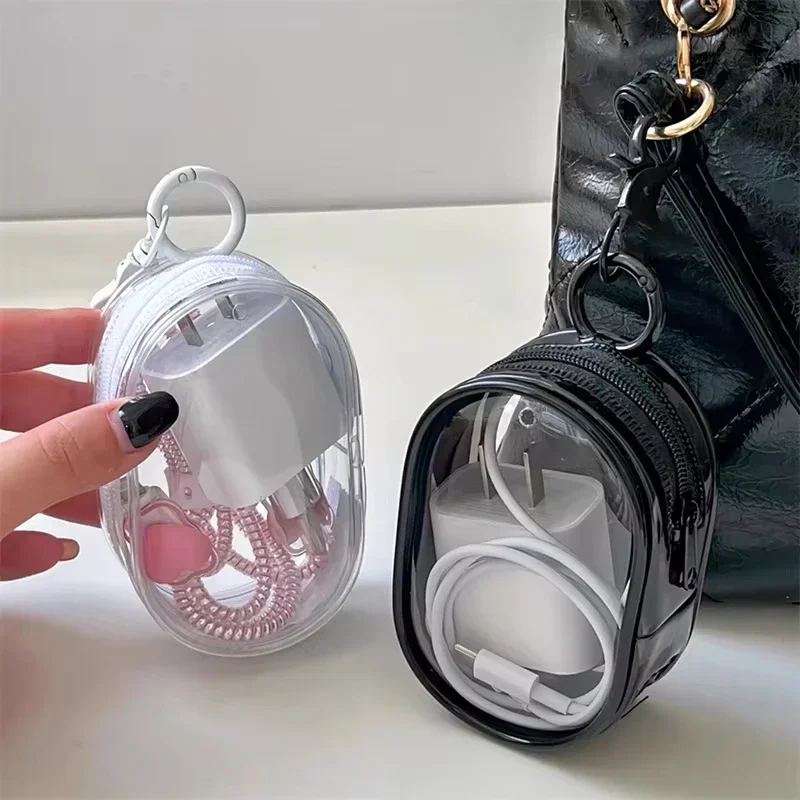 Mini bolsa de almacenamiento de Cable de carga transparente portátil con cremallera, funda multifuncional para auriculares, accesorios de viaje con llavero