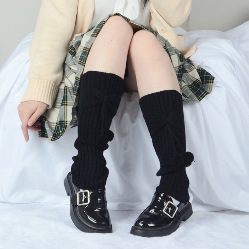 Scaldamuscoli Bowknot per bambini in tinta unita autunno inverno con calzini a sfera G99C