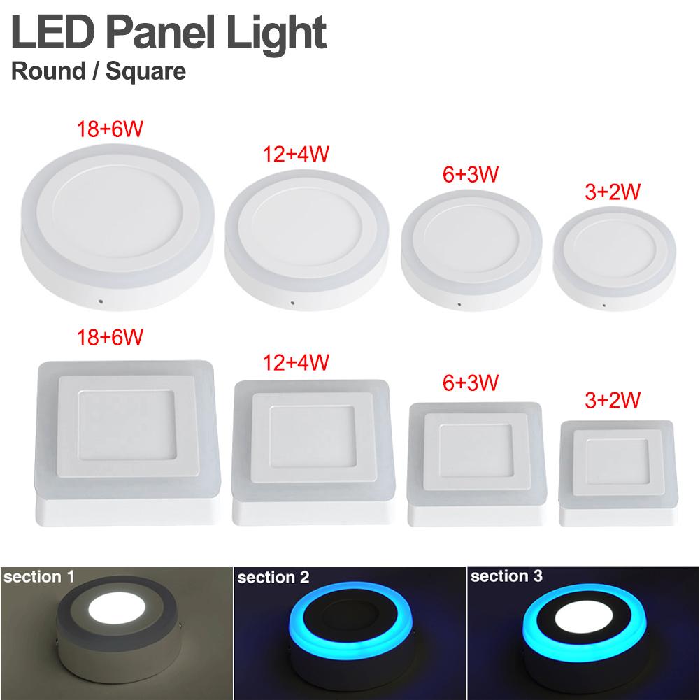 Double couleur LED panneau lumineux 5W 9W 16W 24W acrylique LED Surface ronde carré encastré panneau de plafond panneau de plafond vers le bas des lumières