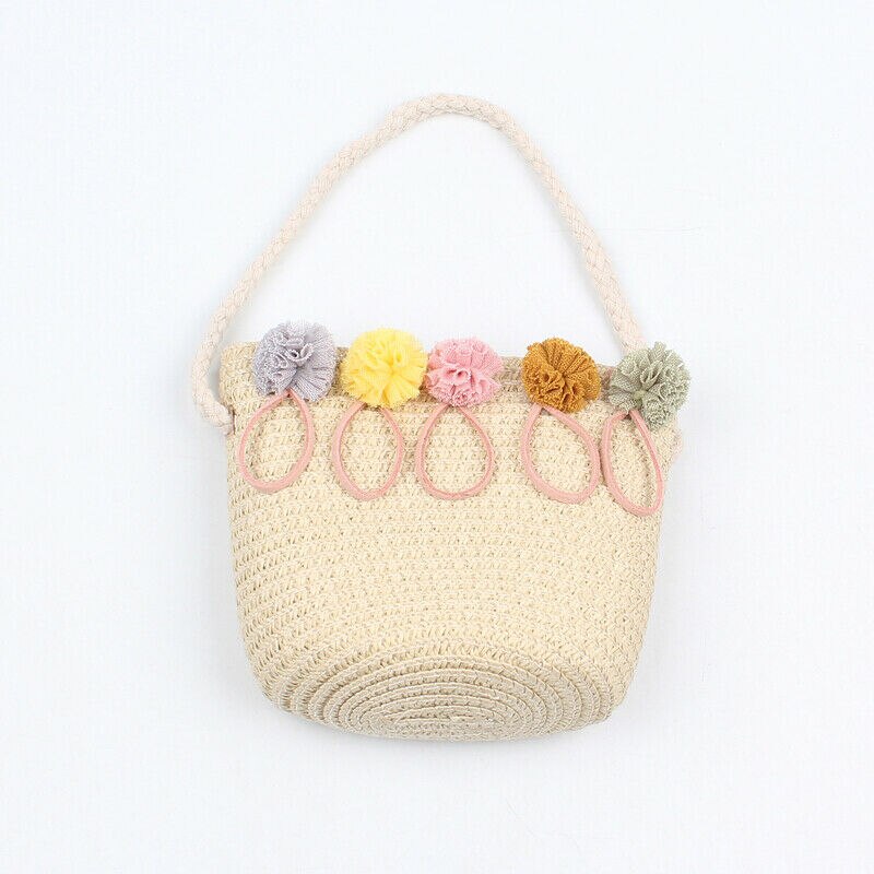 Nyeste baby piger boheme stil rattan strå taske vævet rund håndtaske blomst crossbody messenger tasker strand sommer tasker: Beige