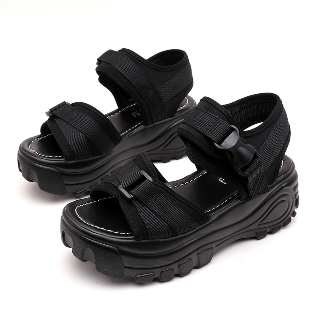 Sandali sportivi cinturino con fibbia scarpe estive da donna moda punta aperta piattaforma spessa zeppe sandalo moda gomma sandali Casual 2020: Black / 36