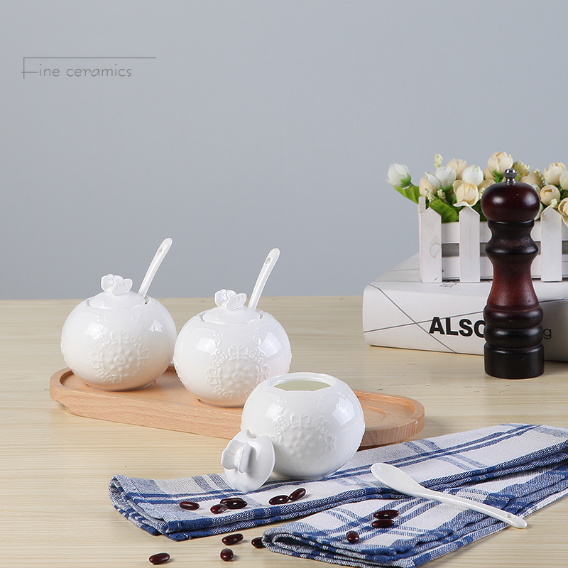 Tazón de azúcar de porcelana en relieve blanco liso con cuchara, contenedor de azúcar, tarro de azúcar, dispensador de azúcar de cerámica, tarro de sucrier con cuchara