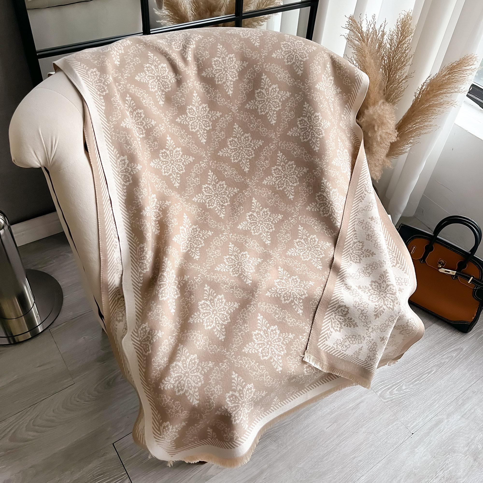 Marca de luxo dupla face estilo étnico cachecol pashmina cashmere macio quente franja pashmina xale inverno à prova de frio cobertor à prova de vento: Caqui