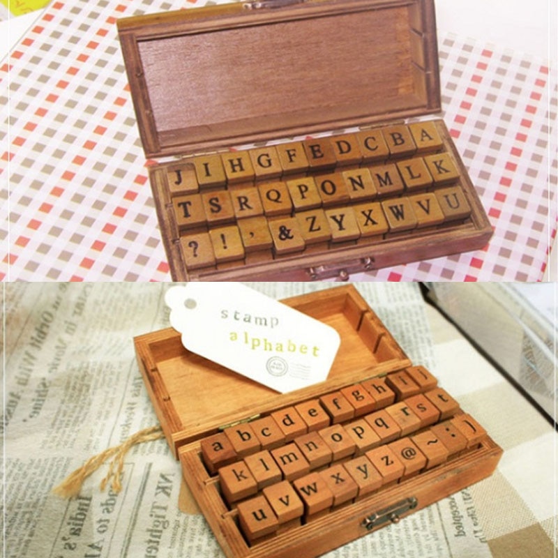 Romantische Handschrift Alfabet Letter Houten Stempel Set Retro Vintage Craft Alfabet Letter Aantal Rubber Stamp Set Houten Doos