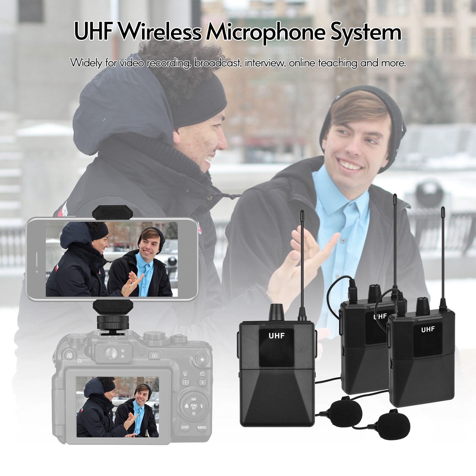 ammoon UHF Wirless Microphone System with 2 Body-pack Lavalier Transmitters Receiver for Smartphone Camera Video Recording