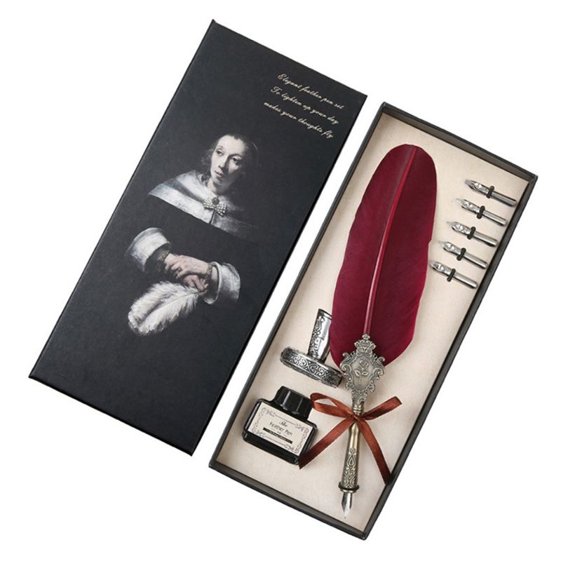 Retro Classical Feather Quill Dip English Calligraphy Fountain Pen with Writing Ink 5 Nibs Kit Set Stationery Box: Burgundy
